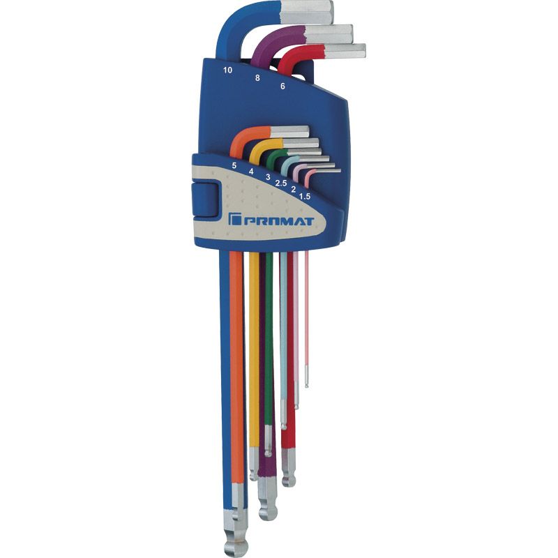 PROMAT Sechskant-Winkelschraubendrehersatz farbcodiert mit Kugelkopf 1,5-10mm 9-tlg. Produktbild BIGPIC L