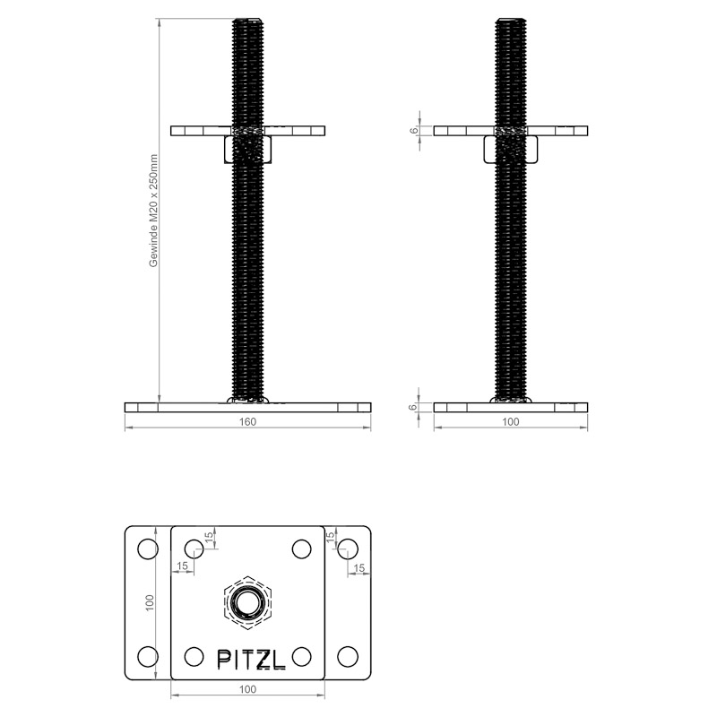 PITZL PTP Pfostenträger Gewindestange 250mm M20 *11009.1200* Produktbild BIGSKZ L