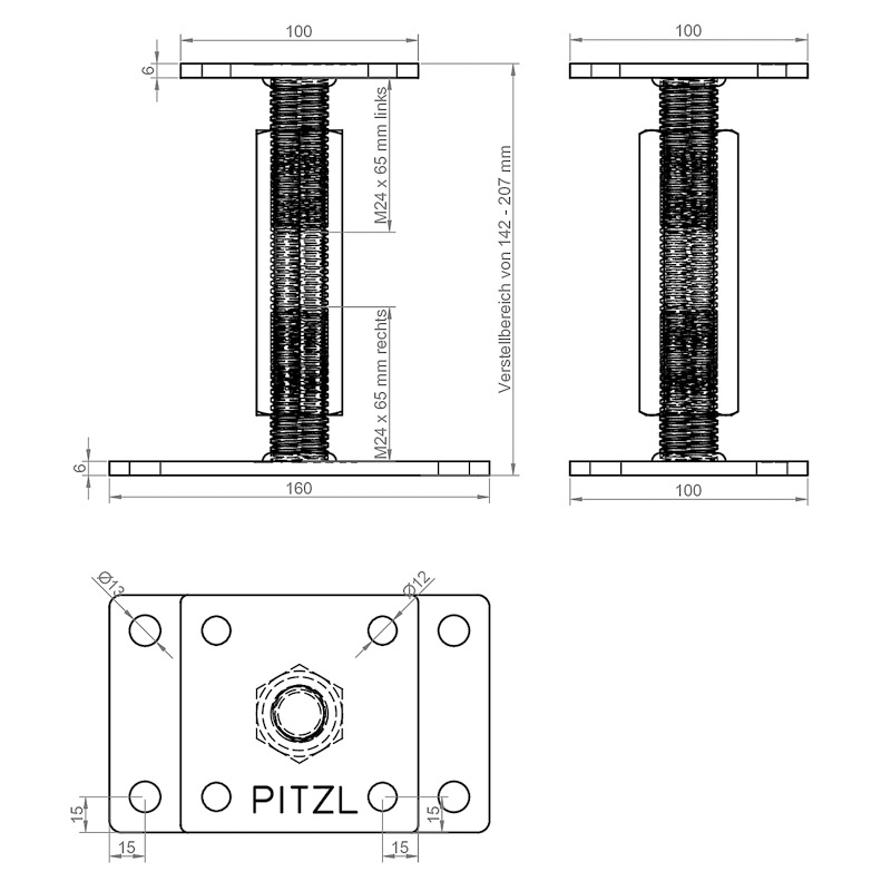 PITZL PTP Pfostenträger Rechts/Links-Gewinde 207mm M24 *10920.1000* Produktbild BIGSKZ L