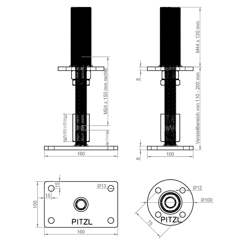 PITZL PTP Pfostenträger System 10930/10931 mit Gewinde 200mm M24 *10931.1600* Produktbild BIGSKZ L