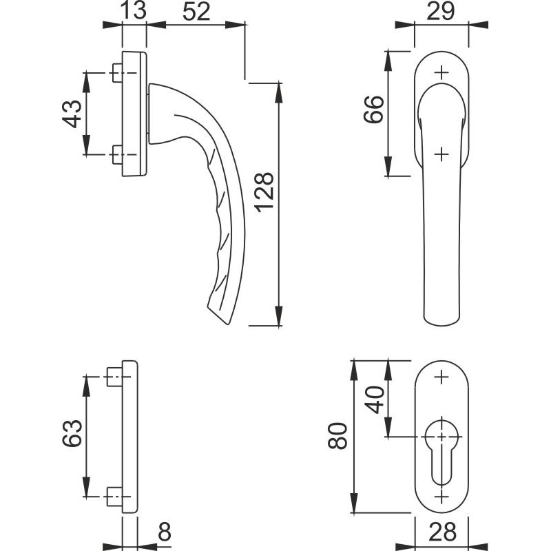0710/U26/49PNS Halbgarnitur, Innenseite / F9 Alu Stahl / N10A, mit Arretierung, stahlgrau / 7 mm / Profilzylinder / 90° / HOPPE-Logo / BS-mit Feder Produktbild BIGSKZ L