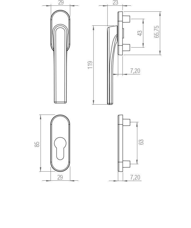 greenteQ Balkontürhalbgarnitur BTHG31.RR-A.AL F9, Außenseite flacher Griff, 10 mm Nocken, M5 / 7 mm Vierkantaufnahme, PZ Produktbild BIGSKZ L