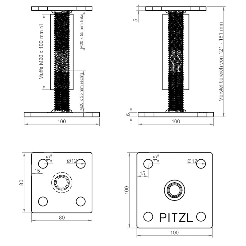PITZL PTP Pfostenträger Rechts/Links-Gewinde 181mm M20 *10980.0080* Produktbild BIGSKZ L